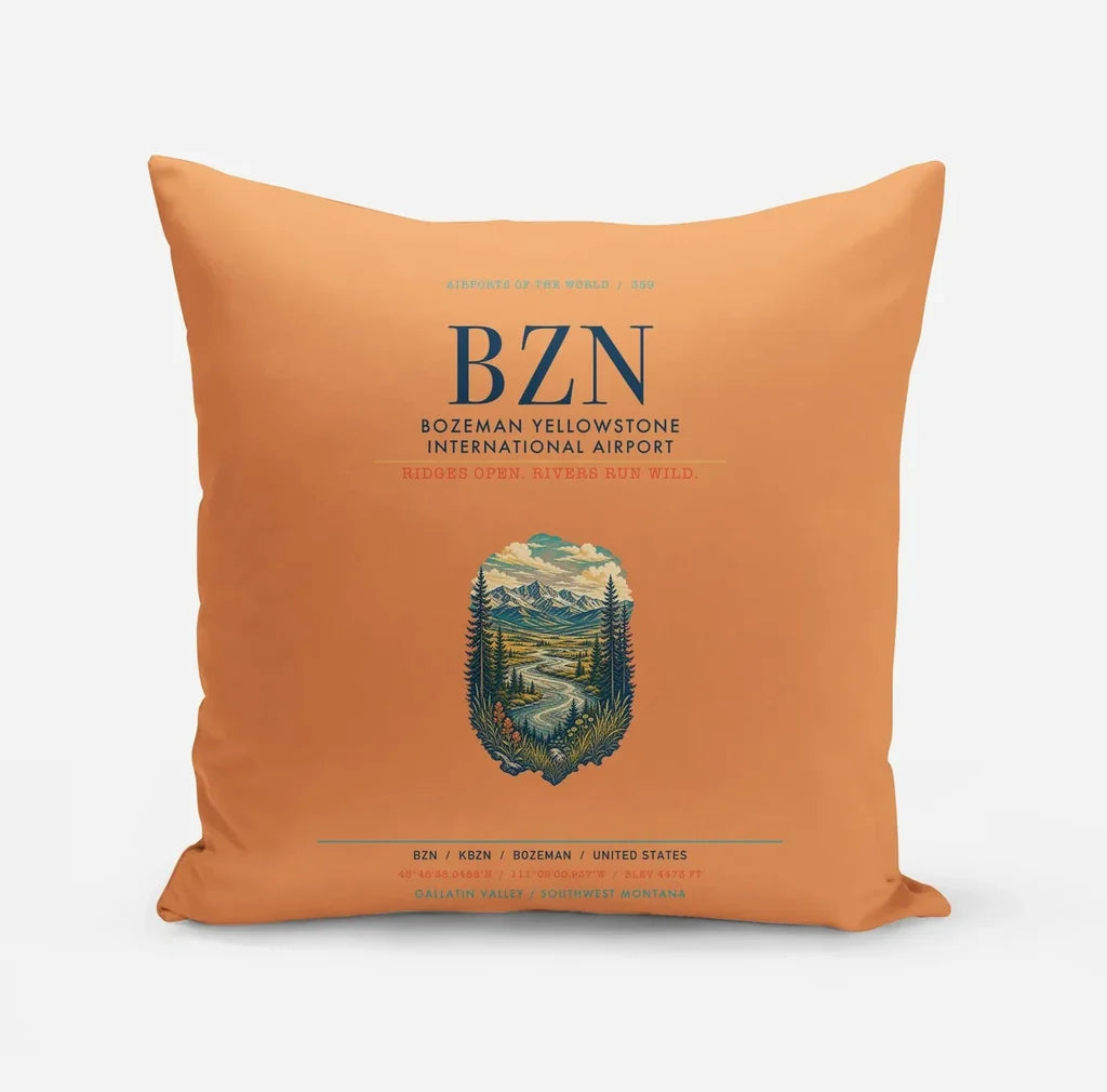 Bozeman Yellowstone International Airport (BZN) design on orange pillow