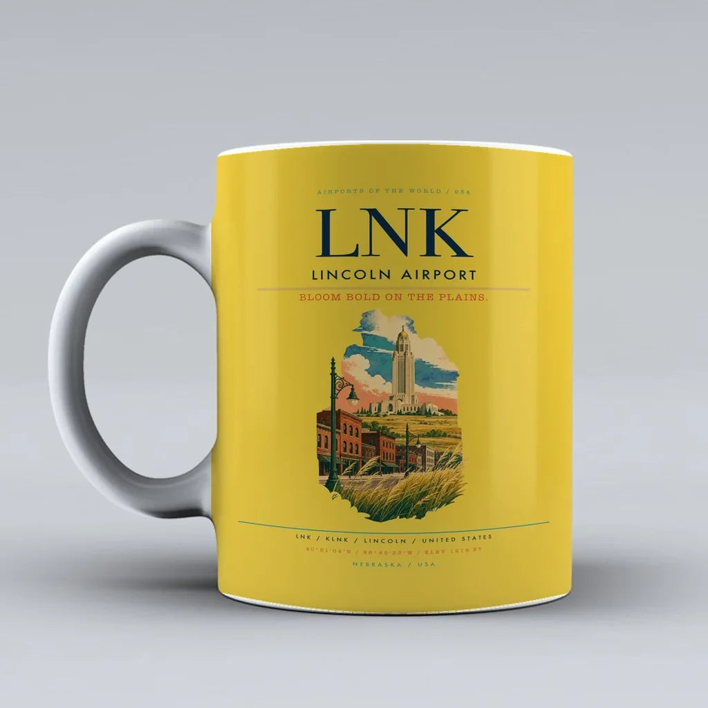 Lincoln Airport (LNK) airport code design on yellow ceramic mug