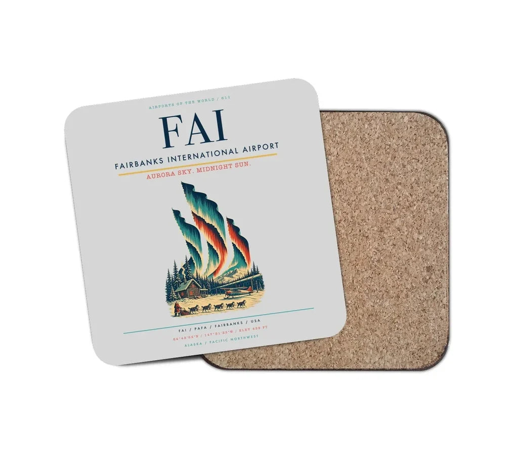 Fairbanks International Airport (FAI) design on light gray 1 piece coaster