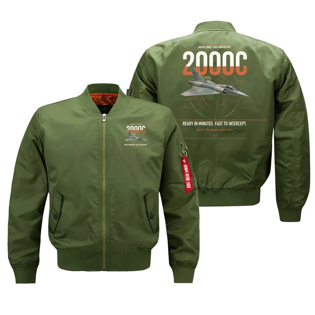 Dassault Mirage 2000C RDI design on green bomber jacket, double-side print