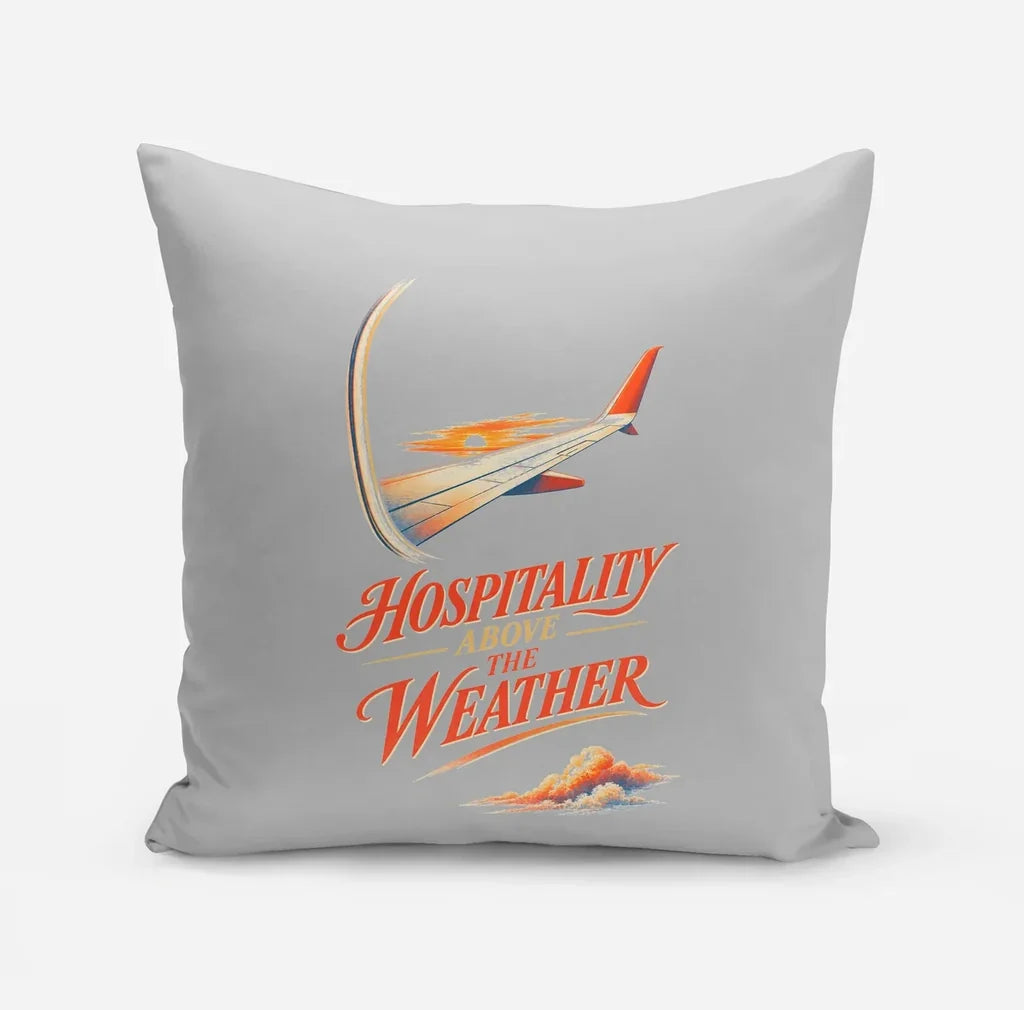 Hospitality Above The Weather design on light gray pillow
