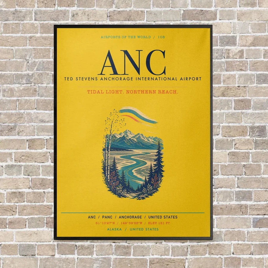 Ted Stevens Anchorage International Airport ANC vertical canvas print - framed - yellow background