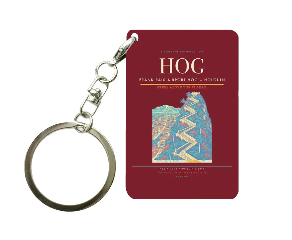 Frank País Airport (HOG) design on dark red key chain