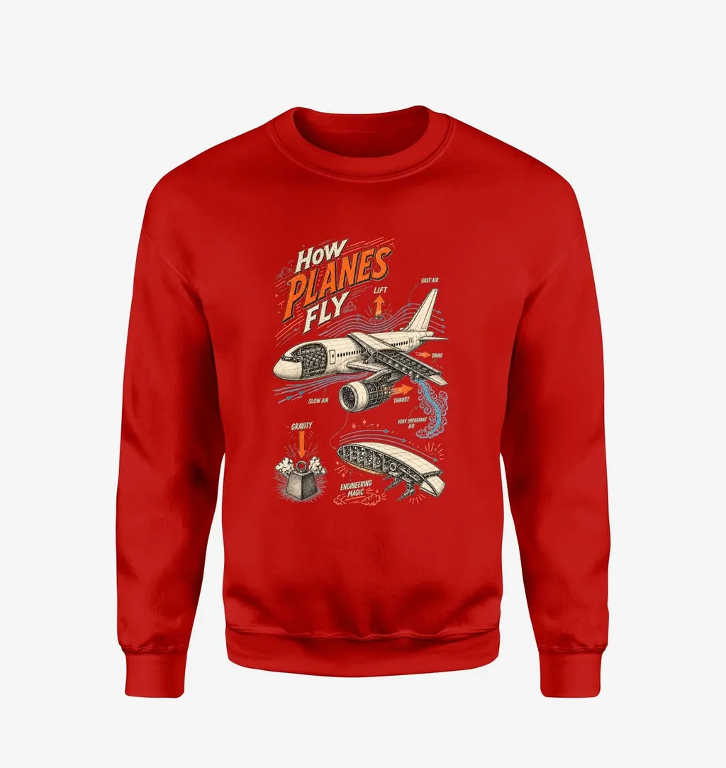 How Planes Fly V2 design on red sweatshirt