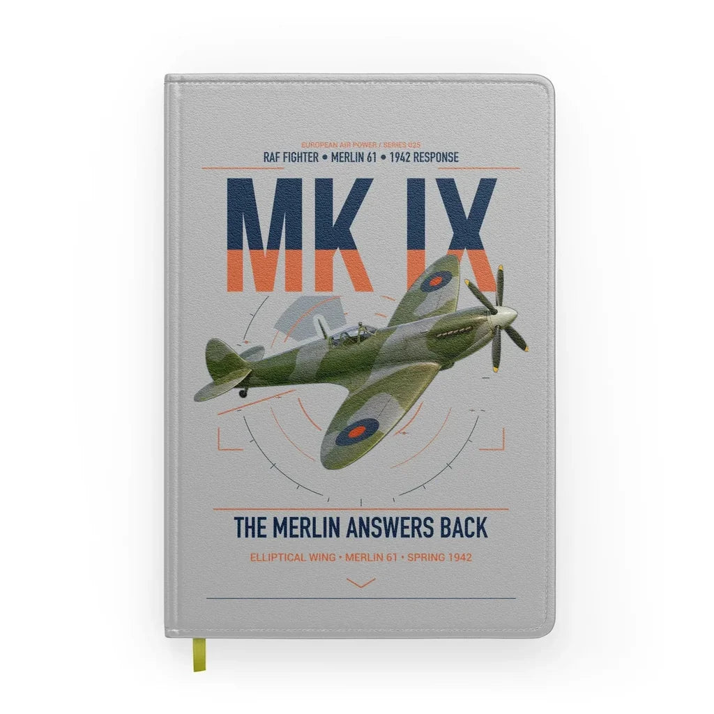 Supermarine Spitfire Mk IX design on light gray notebook