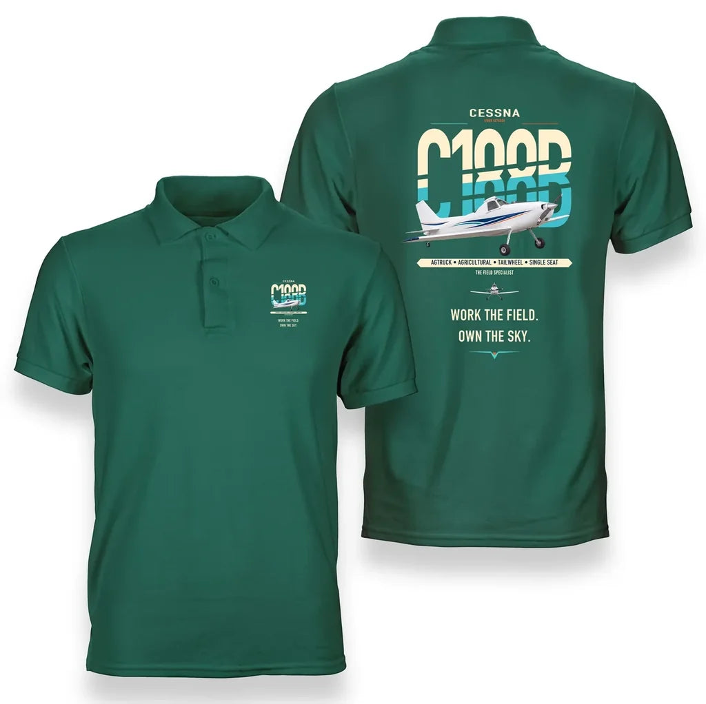 Cessna A188B AgTruck design on green double-side polo t-shirt, double-side print