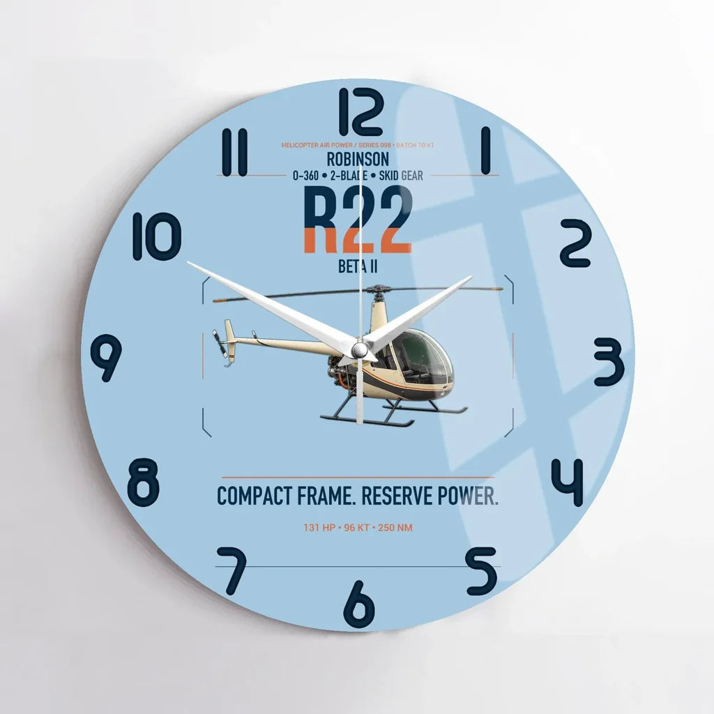 Robinson R22 Beta II design on light blue no frame wall clock
