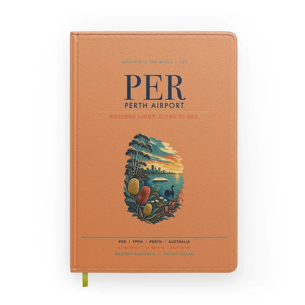 Perth Airport (PER) design on orange notebook