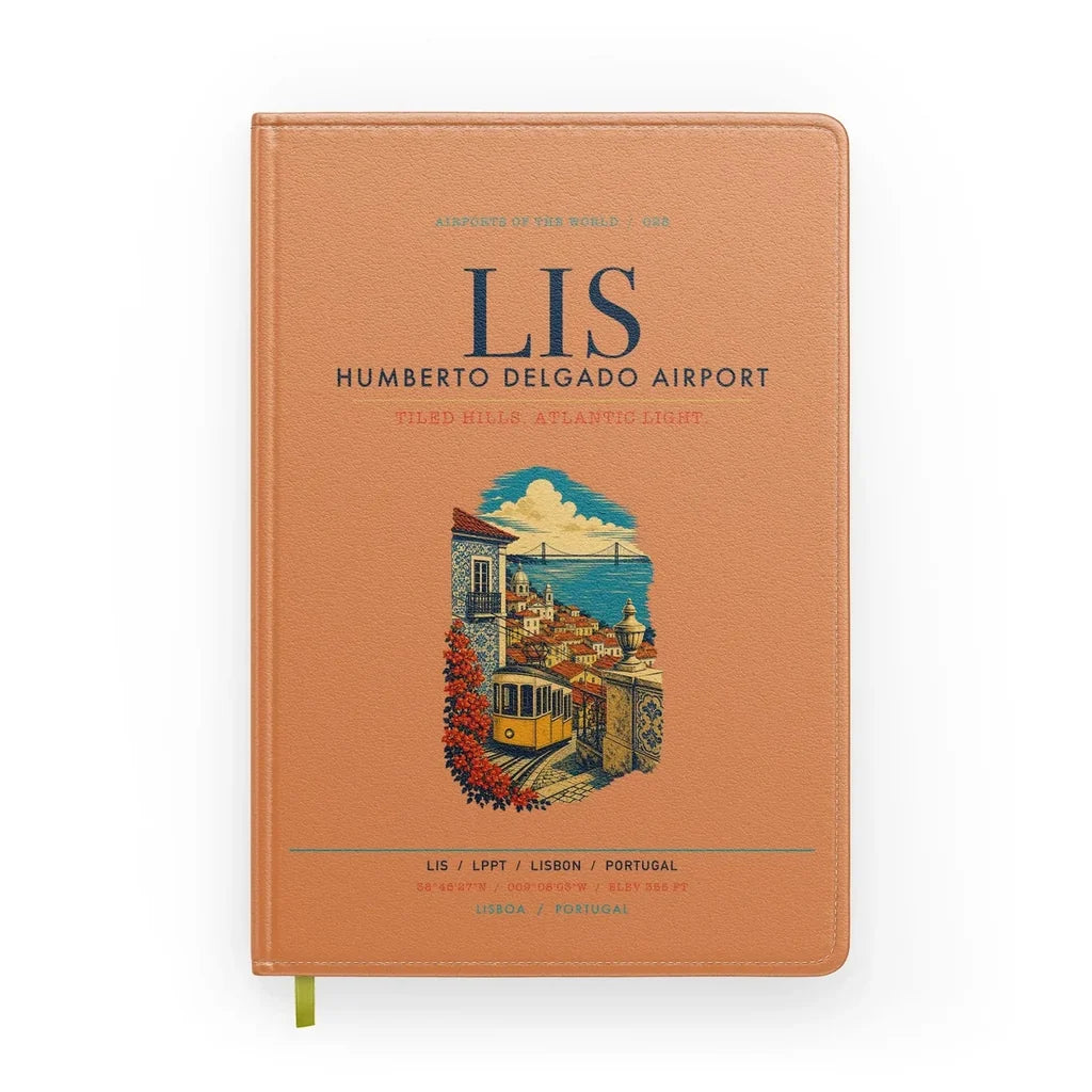 Lisbon Humberto Delgado Airport (LIS) design on orange notebook