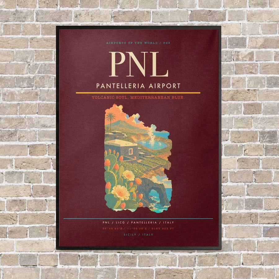 Pantelleria Airport PNL vertical canvas print - framed - dark red background