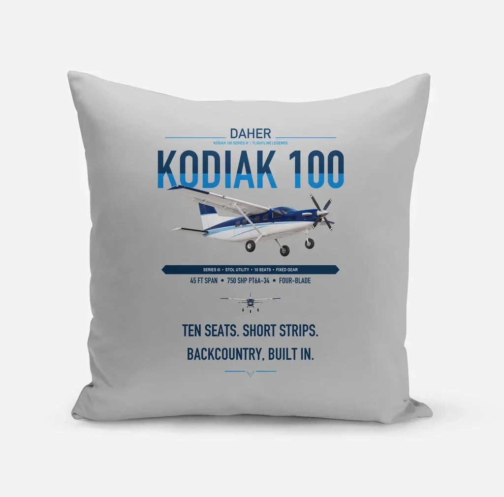 Daher Kodiak 100 Series III design on light gray pillow