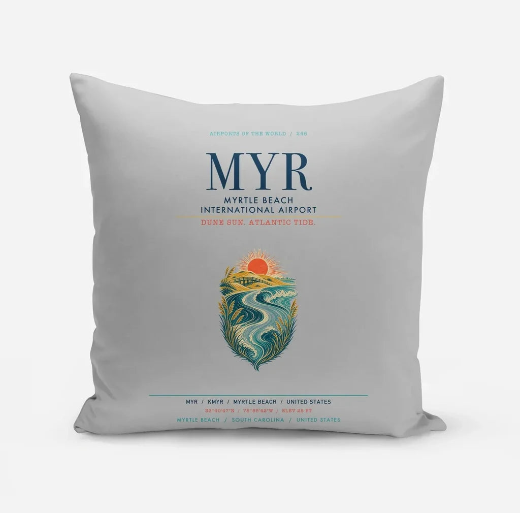 Myrtle Beach International Airport (MYR) design on light gray pillow