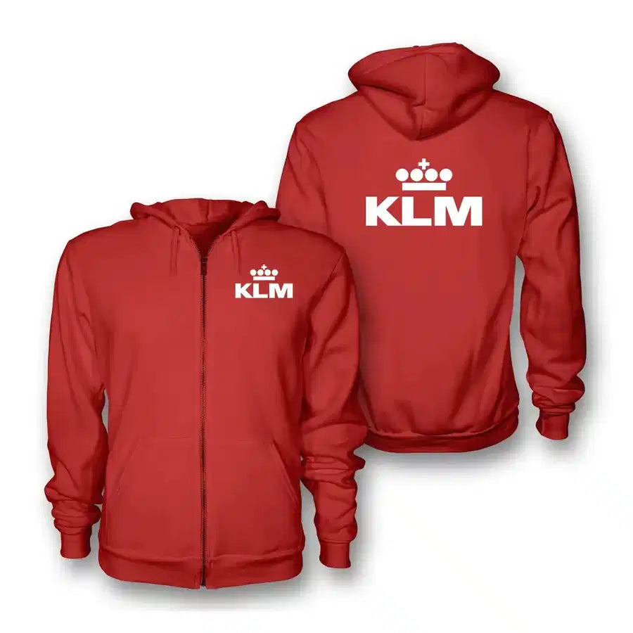 KLM Royal Dutch Airlines logo on red zipped hoodie