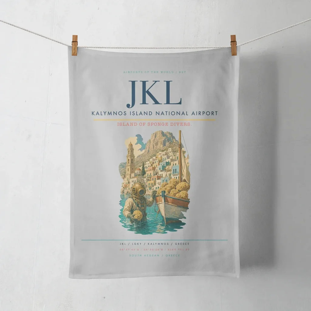 Kalymnos Island National Airport (JKL) design on light gray towel