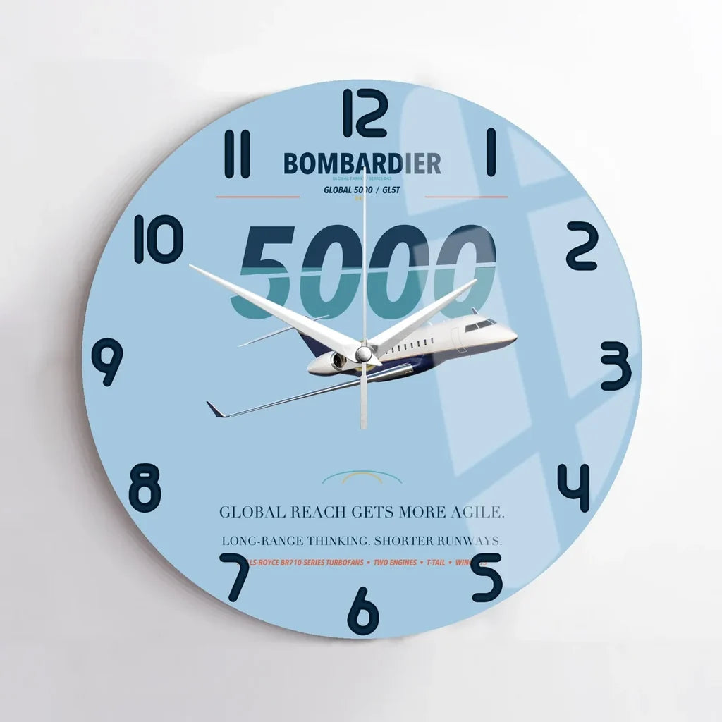 Bombardier Global 5000 design on light blue no frame wall clock