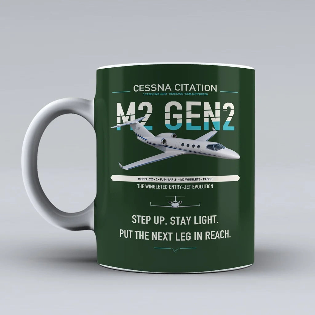 Cessna Citation M2 Gen2 design on dark green ceramic mug, double-side print