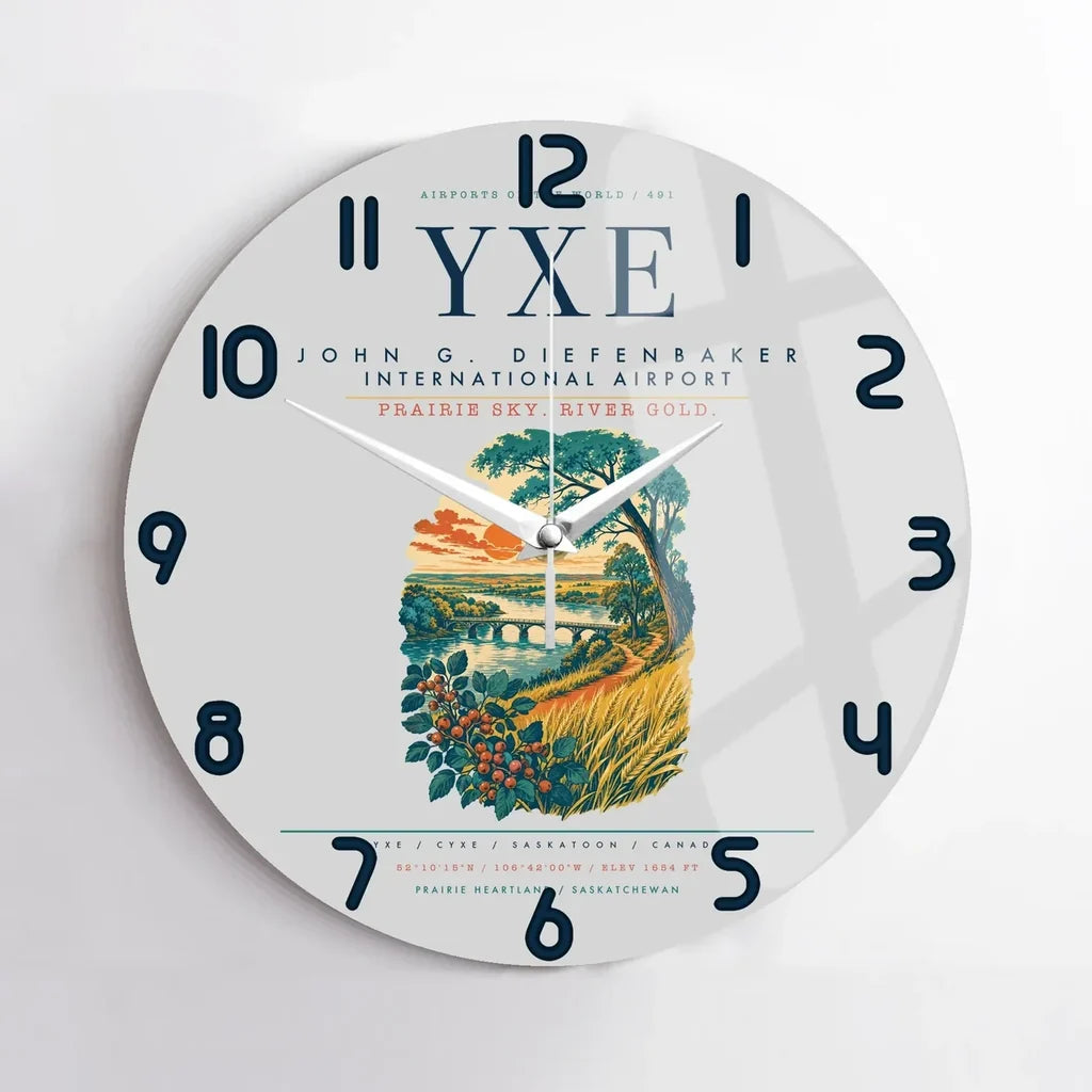Saskatoon John G. Diefenbaker International Airport (YXE) design on light gray no frame wall clock
