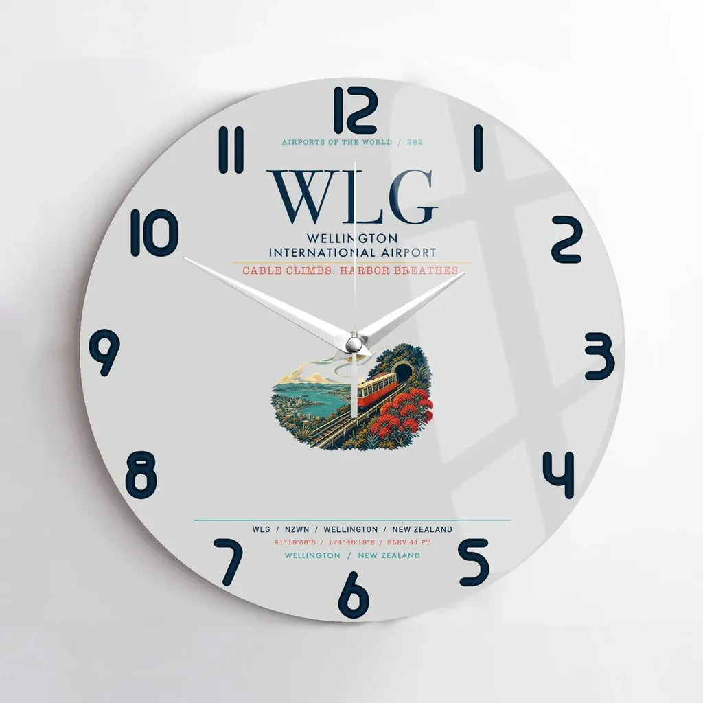 Wellington International Airport (WLG) design on light gray no frame wall clock