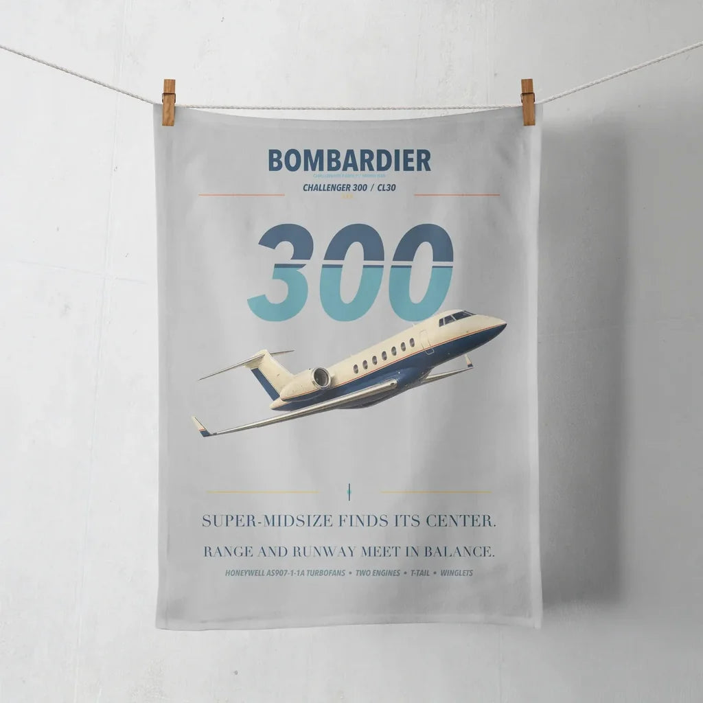 Bombardier Challenger 300 design on light gray towel