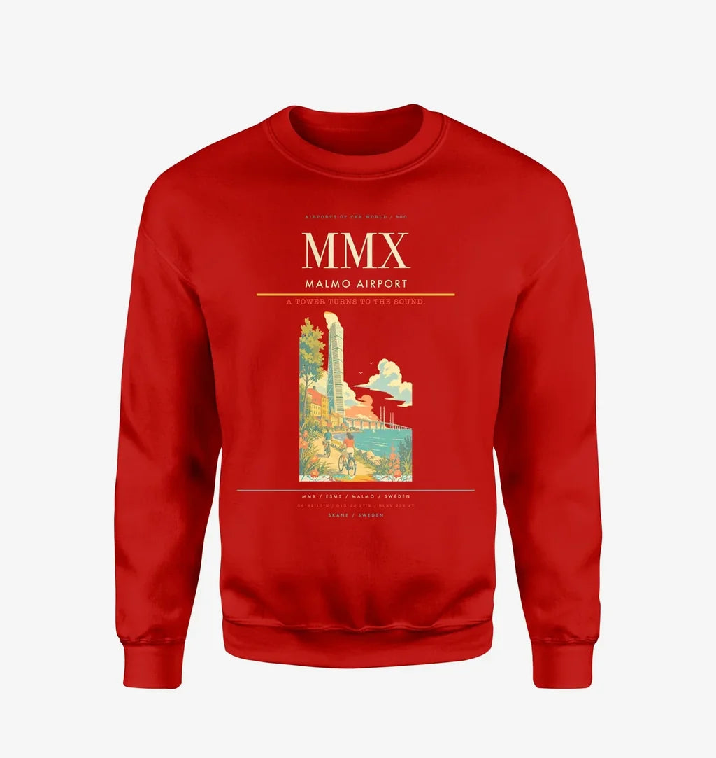 Malmo Airport (MMX) design on red sweatshirt