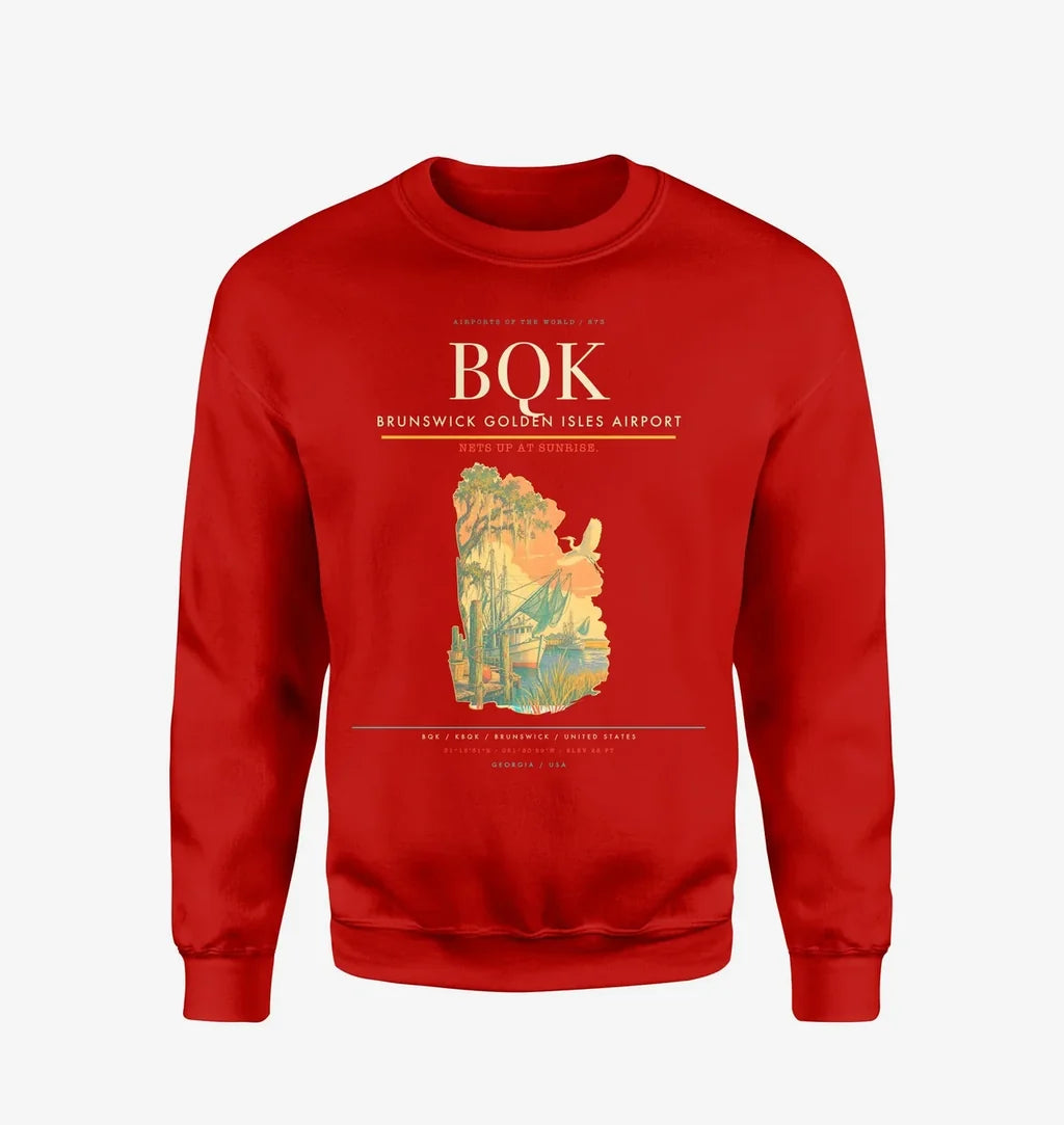 Brunswick Golden Isles Airport (BQK) design on red sweatshirt