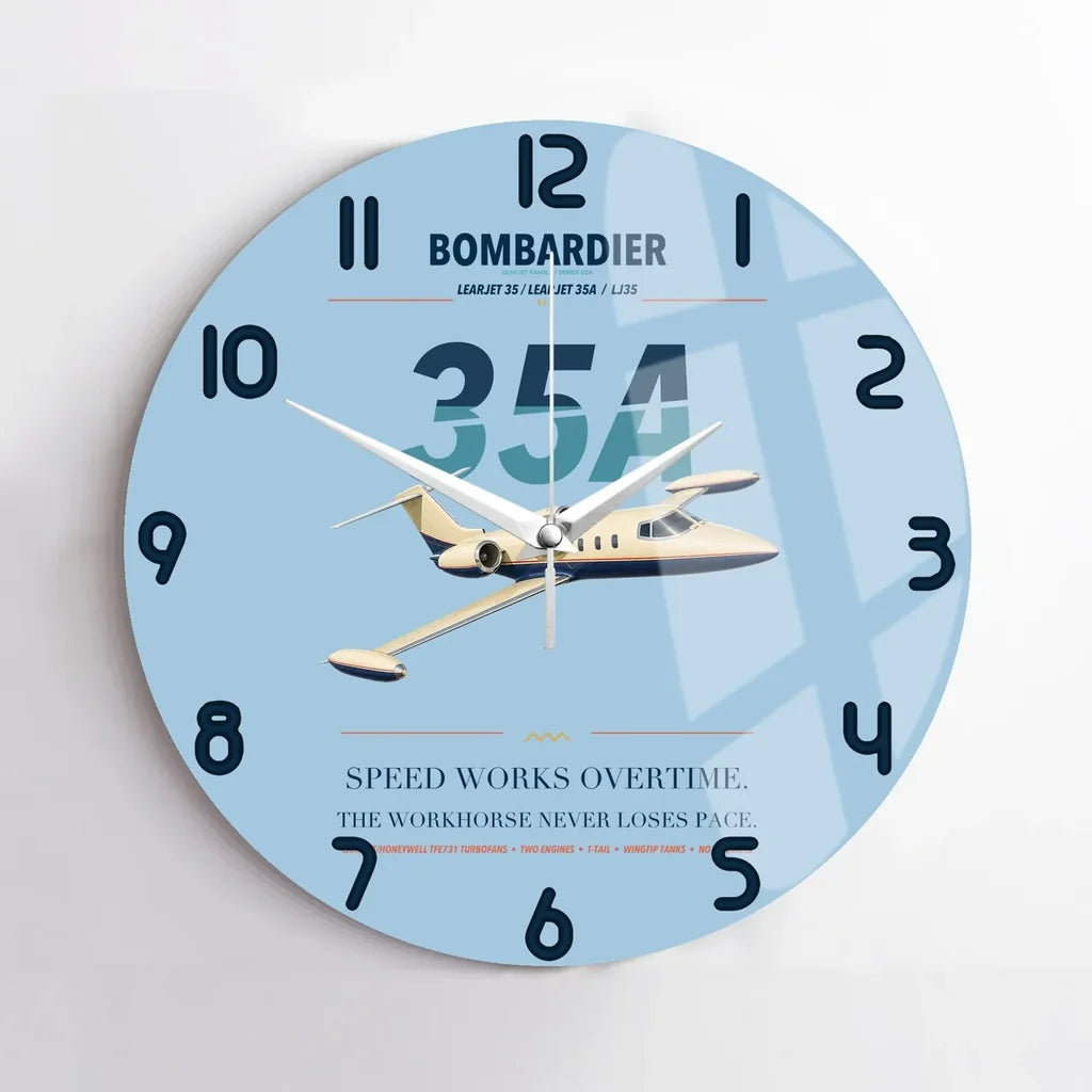 Bombardier Learjet 35A design on light blue no frame wall clock