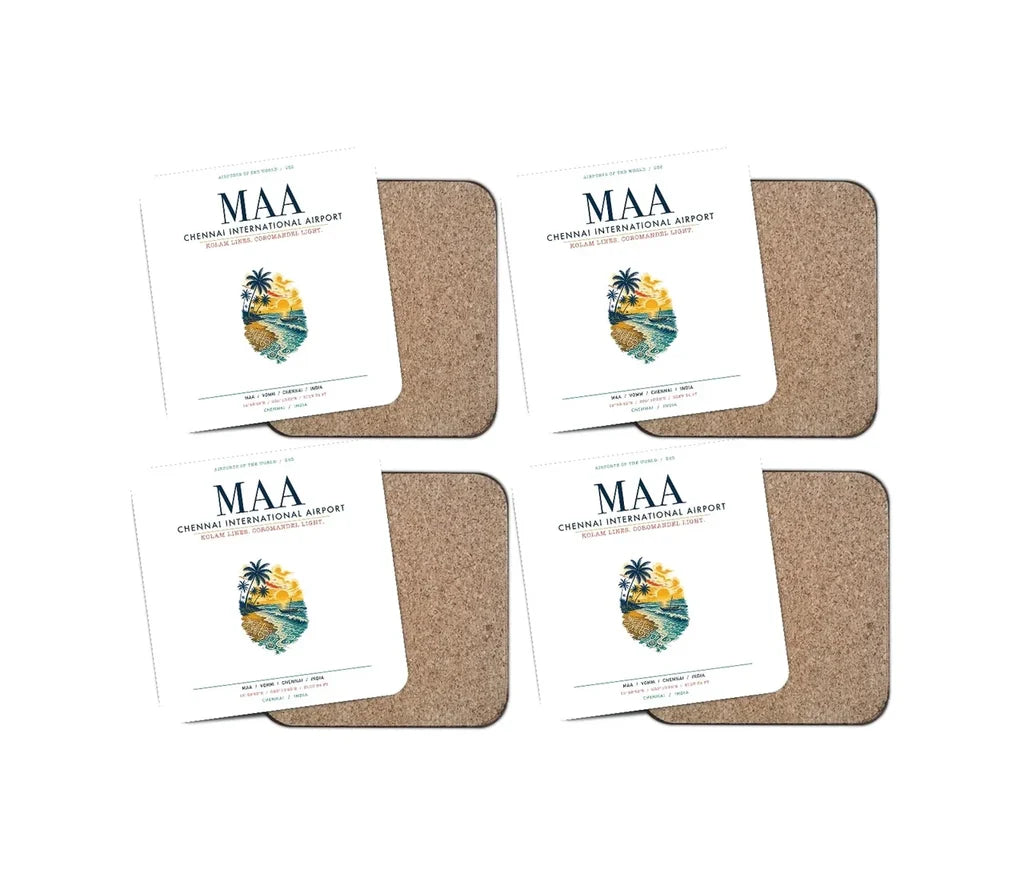 Chennai International Airport (MAA) design on white 4 pieces set coaster