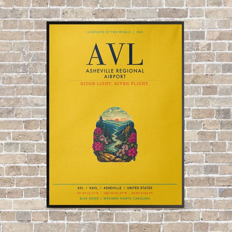 Asheville Regional Airport AVL vertical canvas print - framed - yellow background