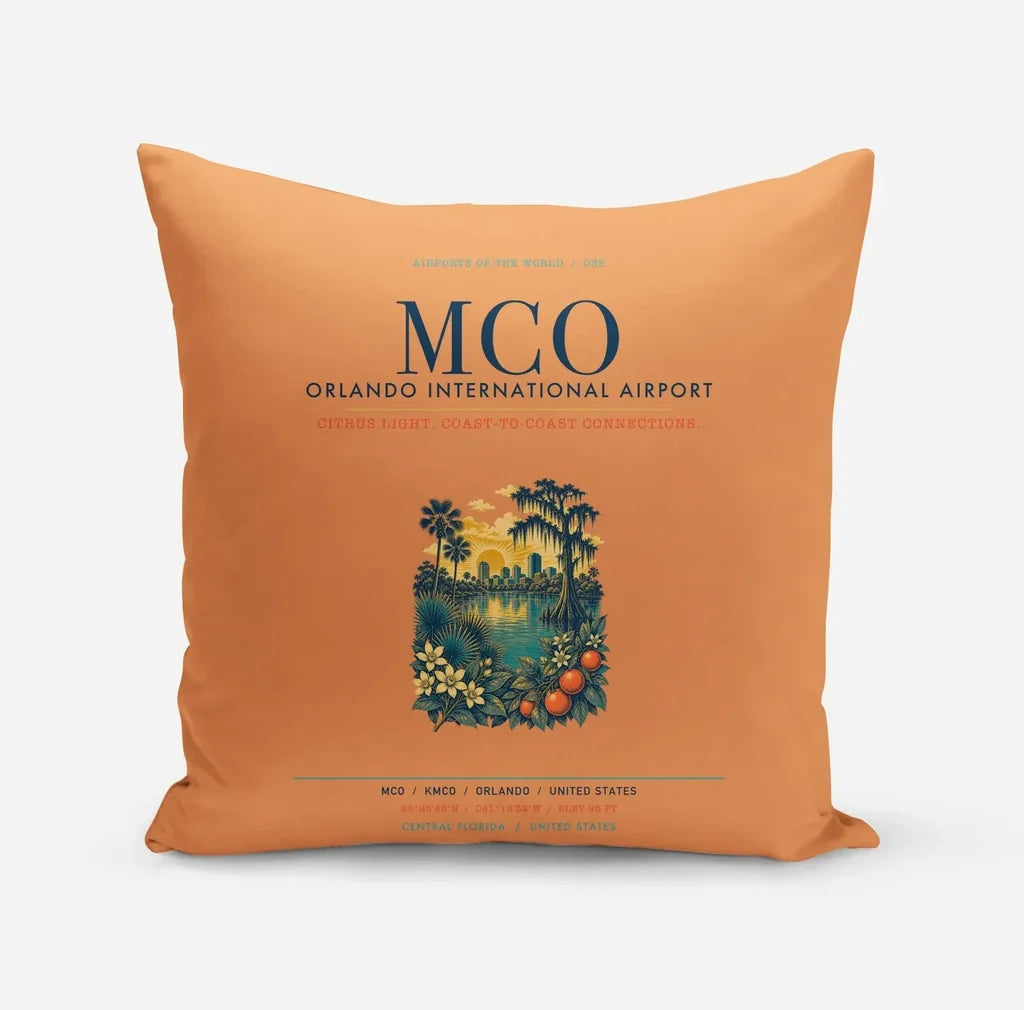 Orlando International Airport (MCO) design on orange pillow