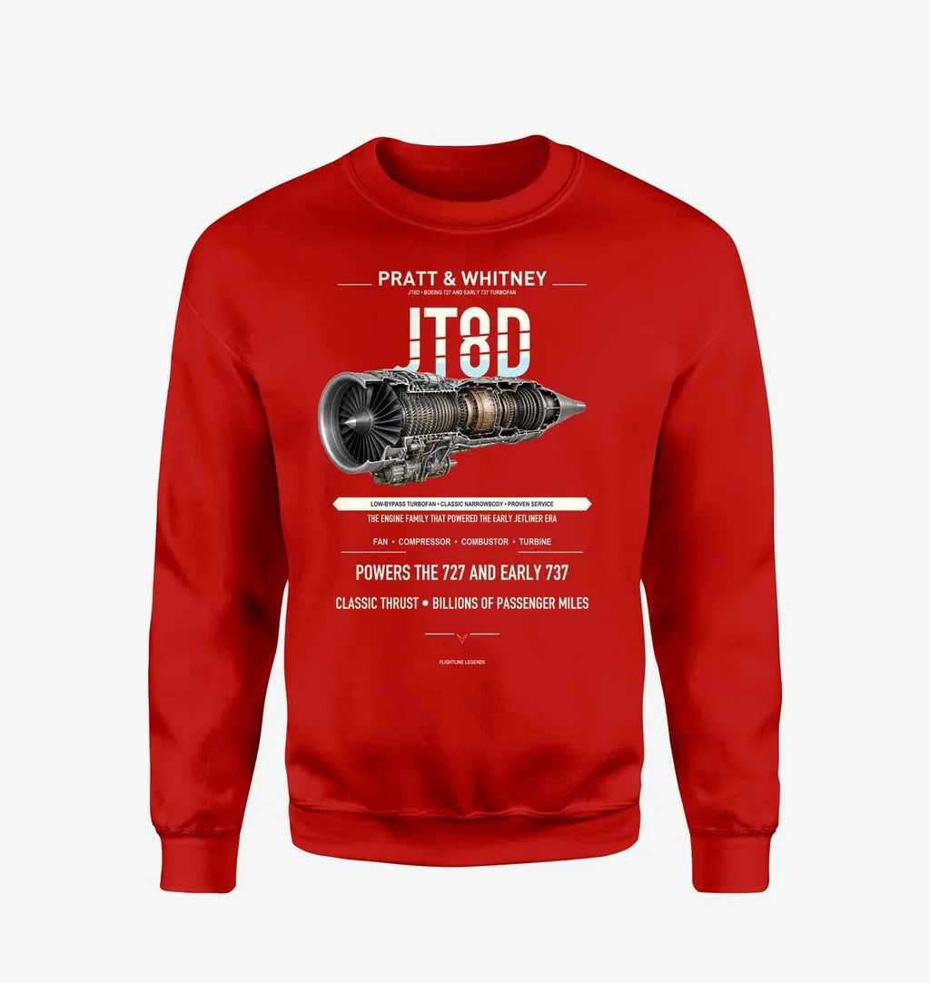 JT8D design on red sweatshirt