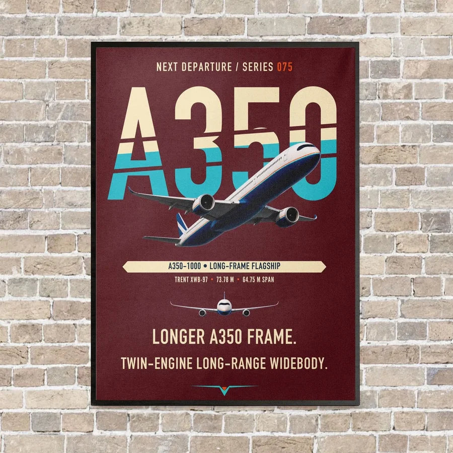 Airbus A350-1000 vertical canvas print - framed - dark red background