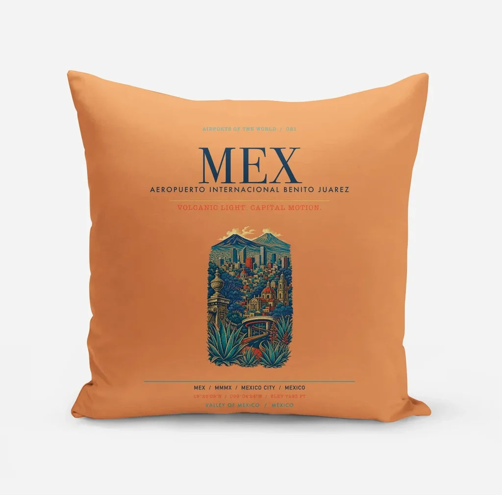 Mexico City Benito Juarez International Airport (MEX) design on orange pillow