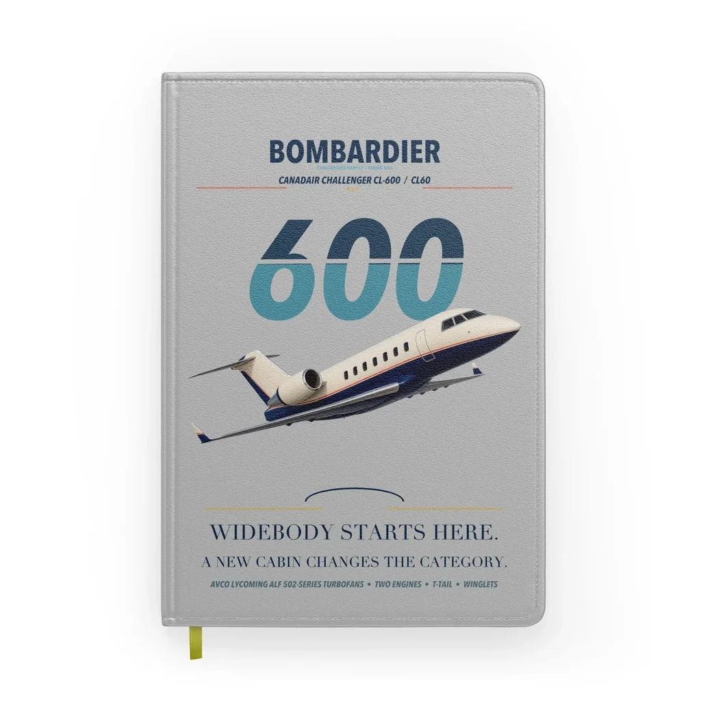 Bombardier Challenger 600 design on light gray notebook