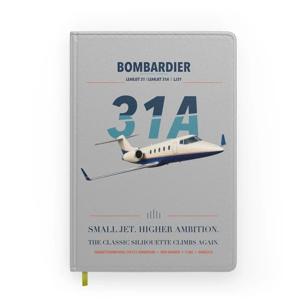 Bombardier Learjet 31A design on light gray notebook
