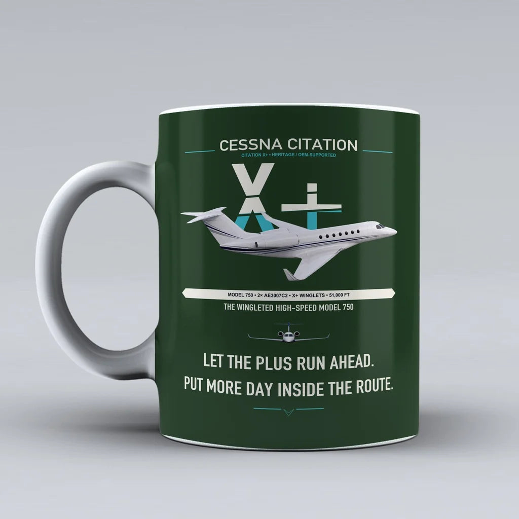 Cessna Citation X+ design on dark green ceramic mug, double-side print