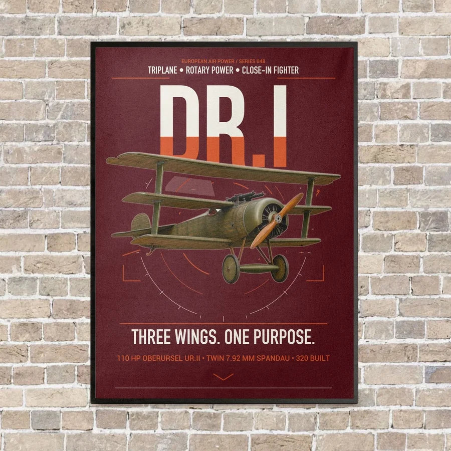 Fokker Dr.I vertical canvas print - framed - dark red background