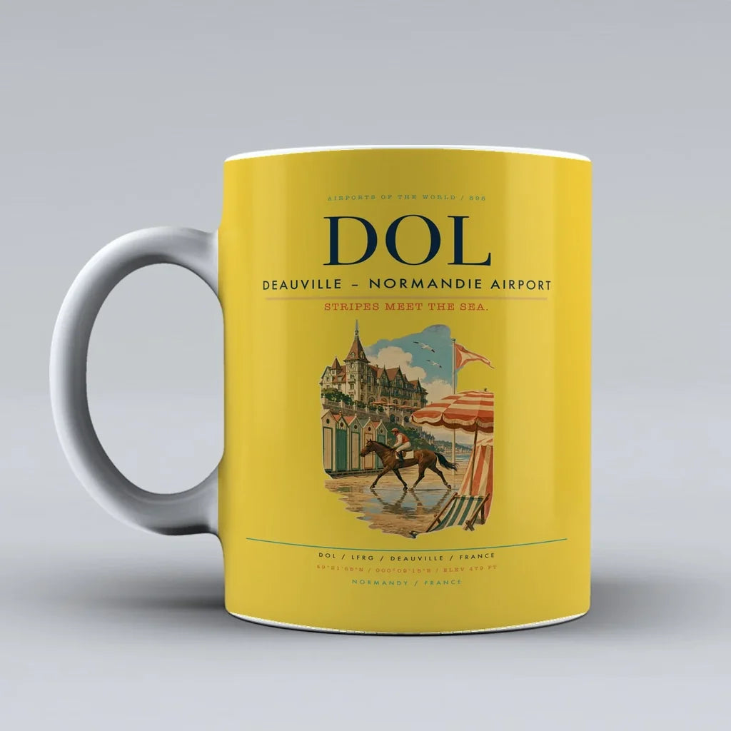 Deauville – Normandie Airport (DOL) airport code design on yellow ceramic mug