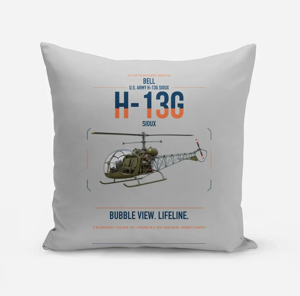 Bell H-13G Sioux design on light gray pillow