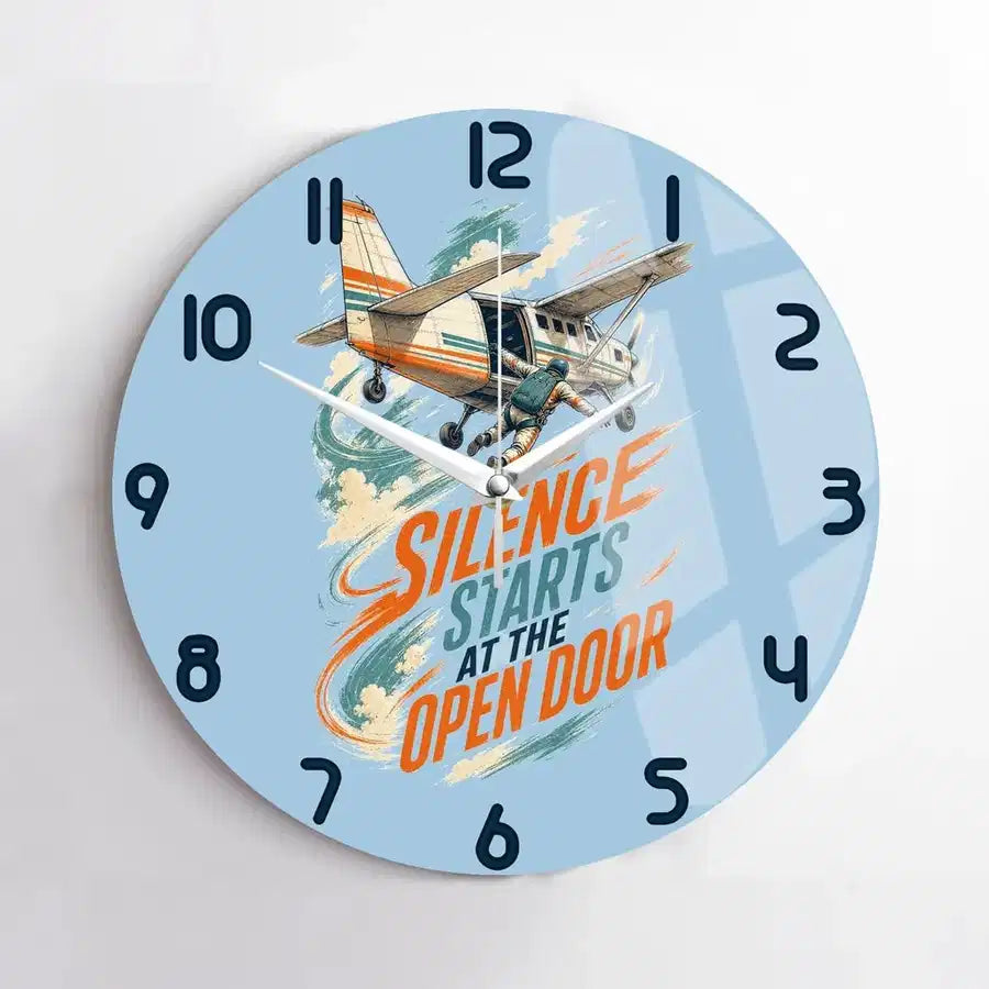 Silence Starts At The Open Door design on light blue no frame wall clock