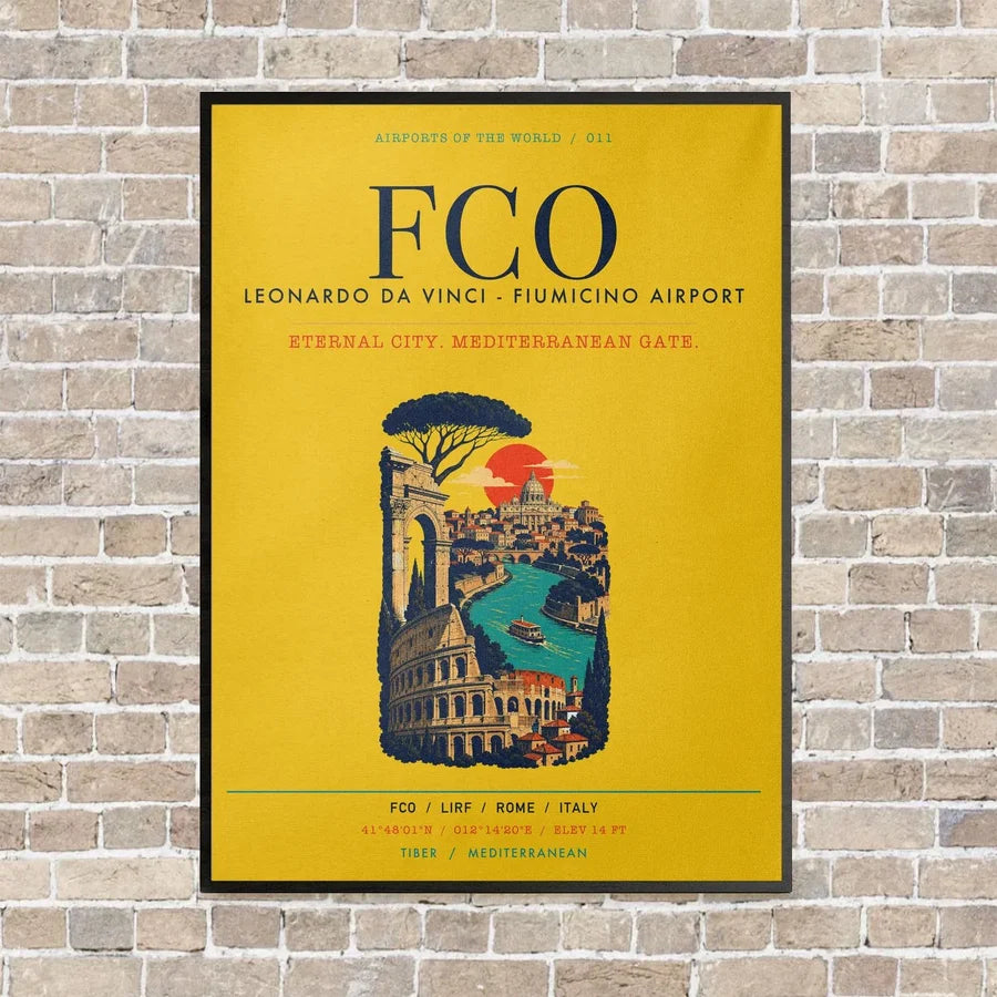 Rome Leonardo da Vinci Fiumicino Airport FCO vertical canvas print - framed - yellow background