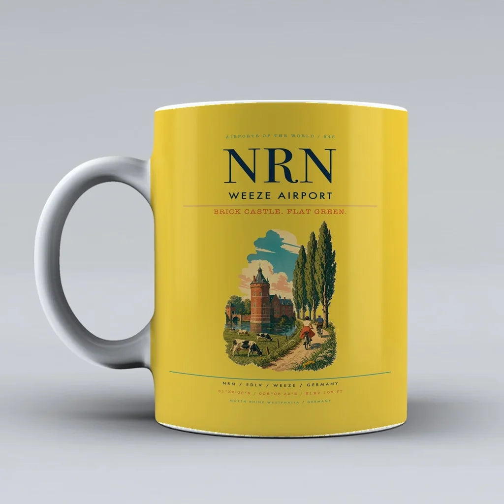 Weeze Airport (NRN) airport code design on yellow ceramic mug