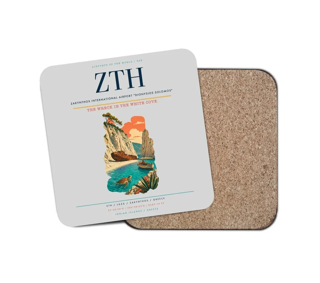 Zakynthos International Airport "Dionysios Solomos" (ZTH) design on light gray 1 piece coaster