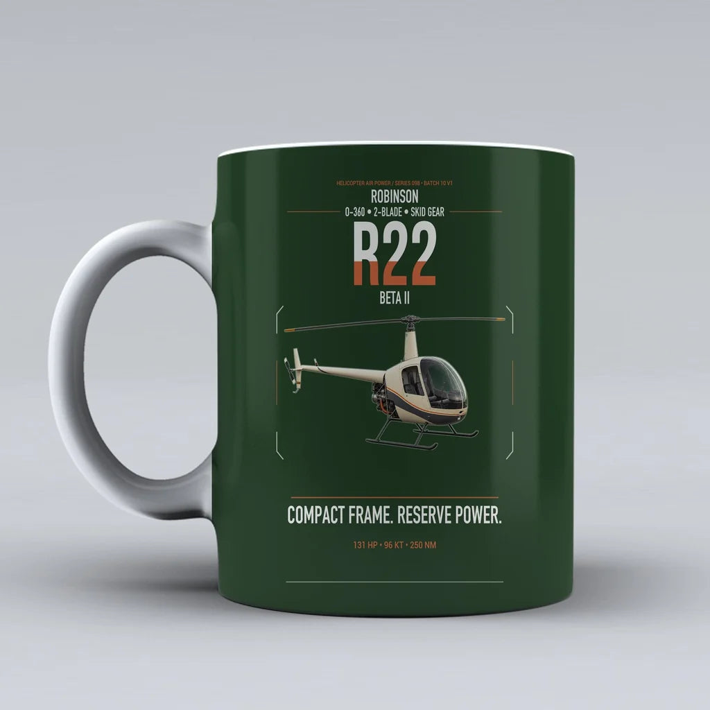Robinson R22 Beta II design on dark green ceramic mug, double-side print