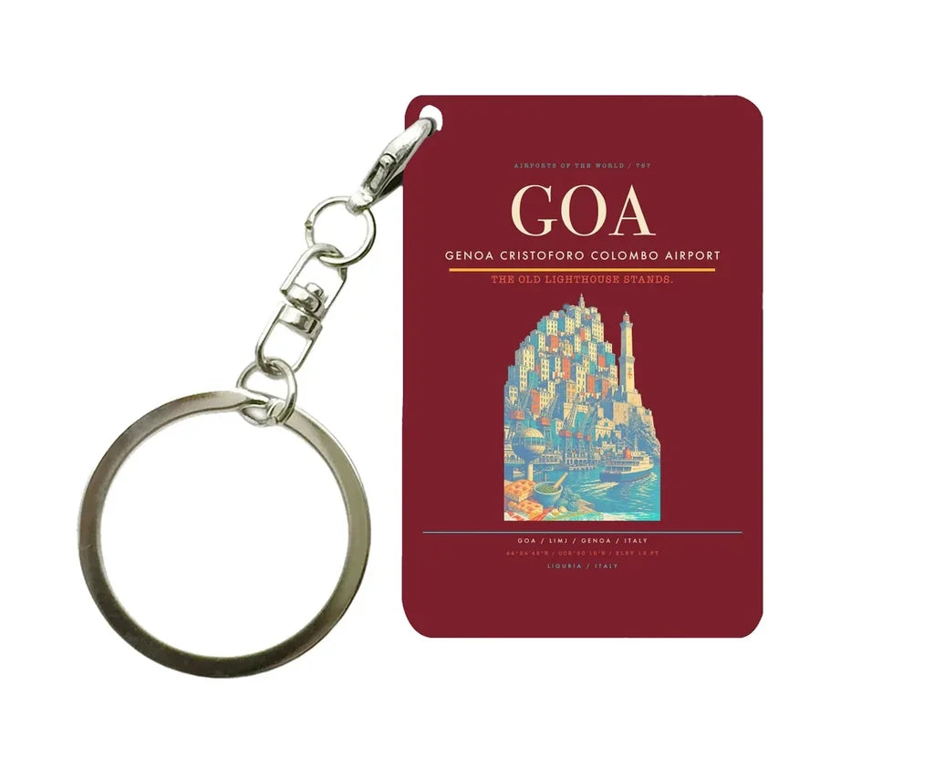 Genoa Cristoforo Colombo Airport (GOA) design on dark red key chain