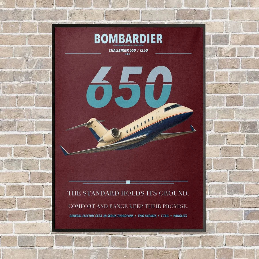 Bombardier Challenger 650 vertical canvas print - framed - dark red background