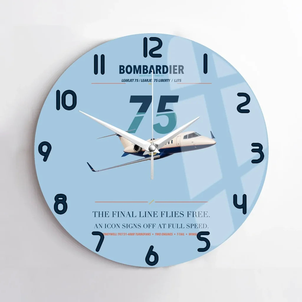 Bombardier Learjet 75 Liberty design on light blue no frame wall clock