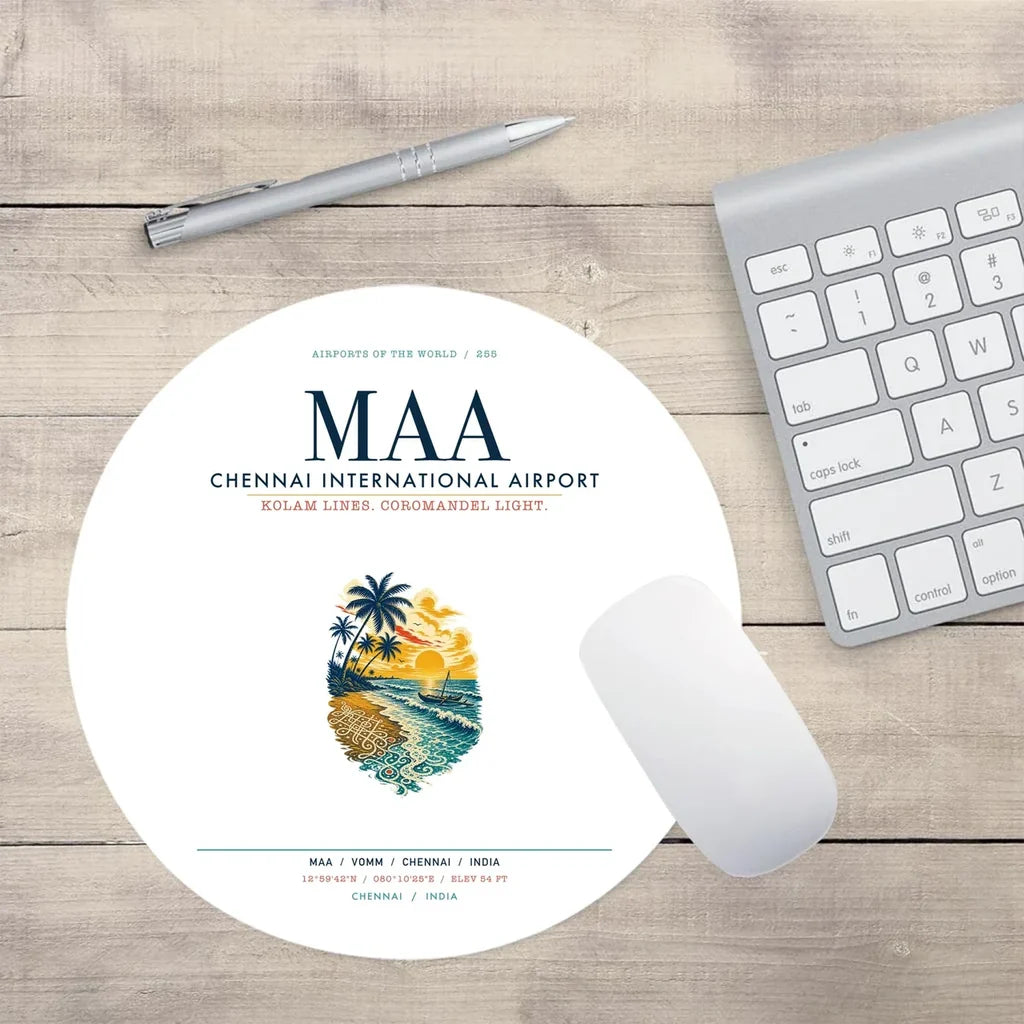 Chennai International Airport (MAA) design on white round mouse pad
