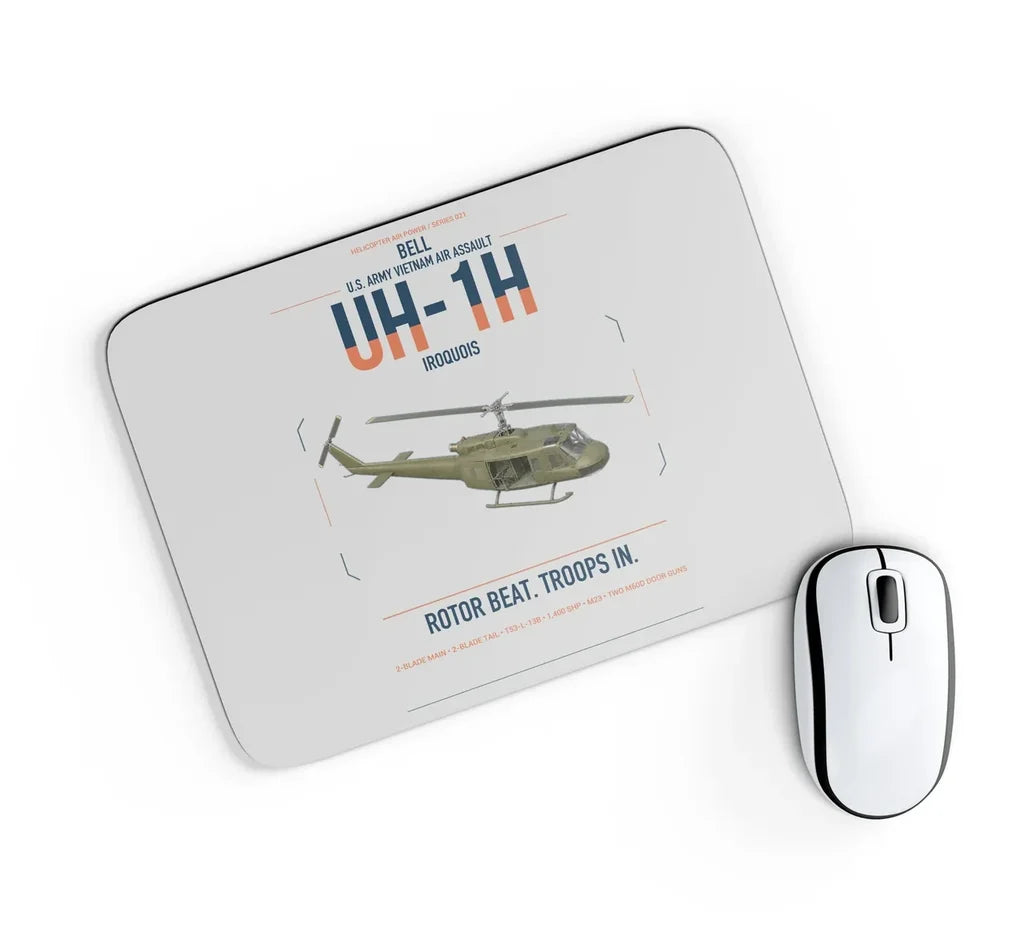 Bell UH-1H Iroquois design on light gray rectangle mouse pad