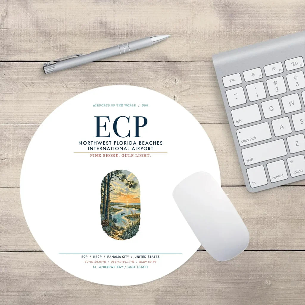 Northwest Florida Beaches International Airport (ECP) design on white round mouse pad