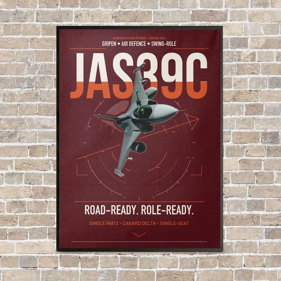 Saab JAS 39C Gripen vertical canvas print - framed - dark red background